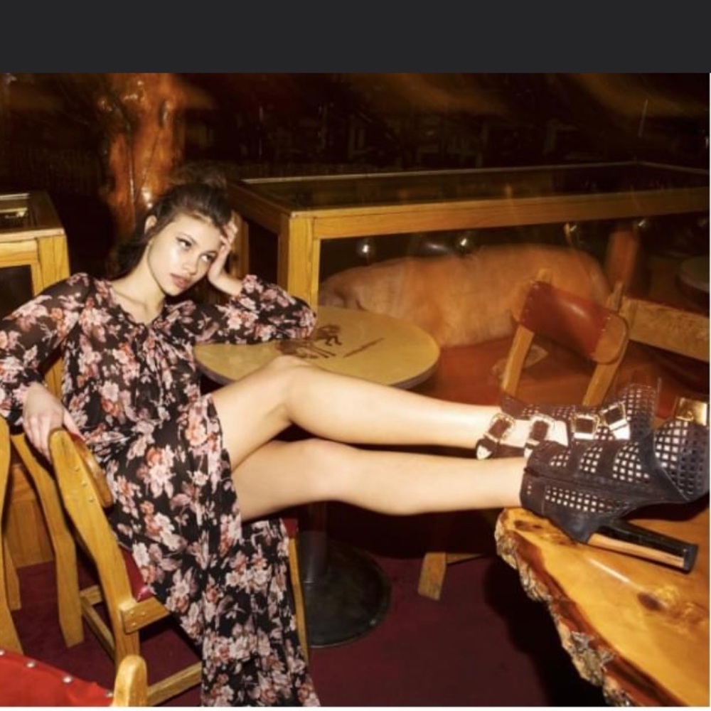 For Love & Lemons Sheer Floral Tie neck Blouse top black pink
